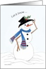 Let it Snow Snowman with a black hat, holly and a bright blue scarf. card