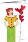 Girl with bright red heart balloons. card