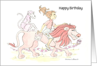 Little Girl Riding a Lion Birthday card