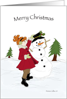 Snowman and Little girl Christmas card