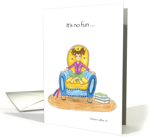 Little girl pouting in a blue and yellow Chair missing you card