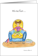 Little girl pouting in a blue and yellow Chair missing you card