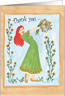 Thank you for your kindness, girl with red hair holding flowers card
