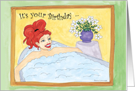 Girl with red hair in tub with bubbles card