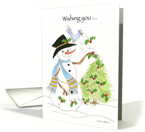 Snowman decorating pine tree with holly card (838030)