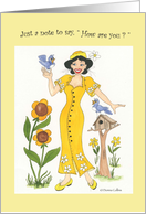 Girl in a garden with bluebirds, blank note card