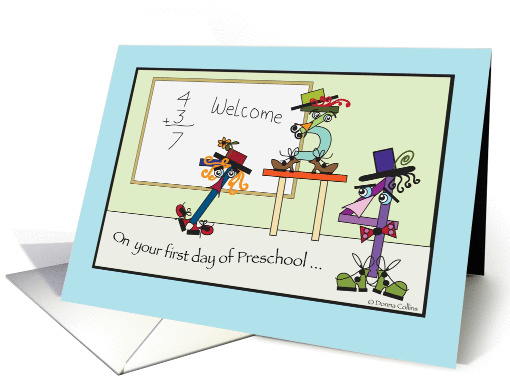 Numbers all dress up to welcome your first Day of Preschool card
