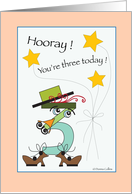 Number three all dress up in a hat and shoes with star balloons. card