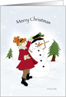 Merry Christmas, Girl with Snowman Illustration card
