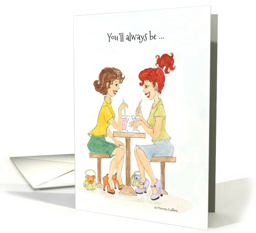 Best Friends, Two girlfriends having a soda at the soda shop card