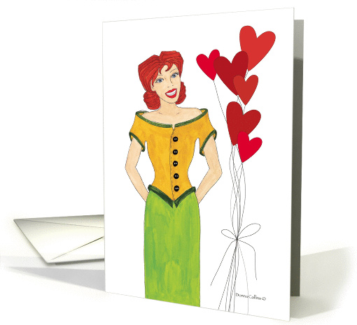 Girl with bright red heart balloons. card (892294)