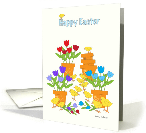 Happy Easter Tulips in clay pots with little Chicks. card (914494)