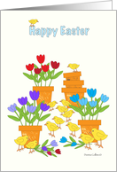 Happy Easter Tulips in clay pots with little Chicks. card