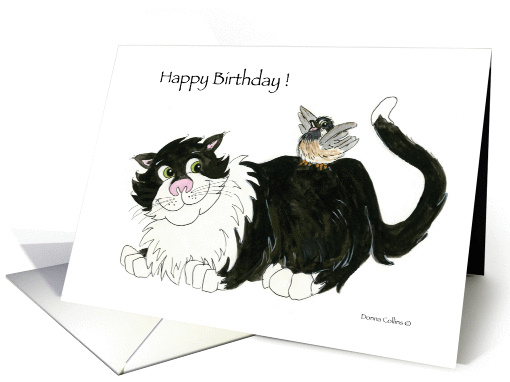 Cat and Little Chickadee Birthday card (926433)