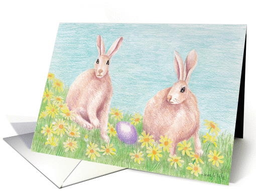 Easter bunnies with an egg and flowers card (908756)