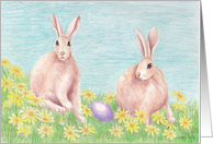 Easter bunnies with an egg and flowers card
