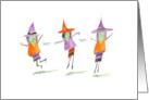 Three Happy and Cute Witches Dancing a Halloween Dance card