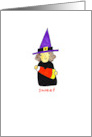 A Sweet Child Witch Holding a Big Candy Corn on a Halloween card