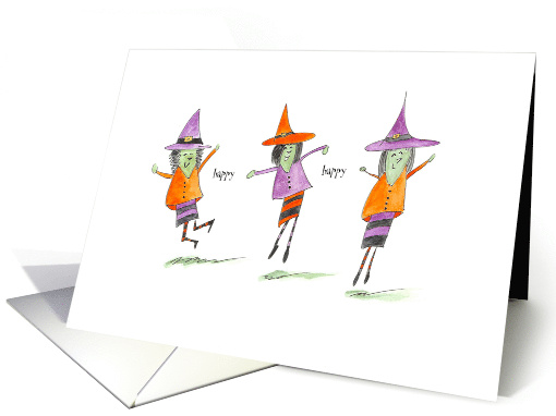 Three Happy and Cute Witches Dancing a Halloween Dance card (1329958)