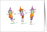 Three Happy and Cute Witches Dancing a Halloween Dance card