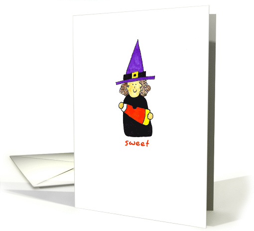 A Sweet Child Witch Holding a Big Candy Corn on a Halloween card