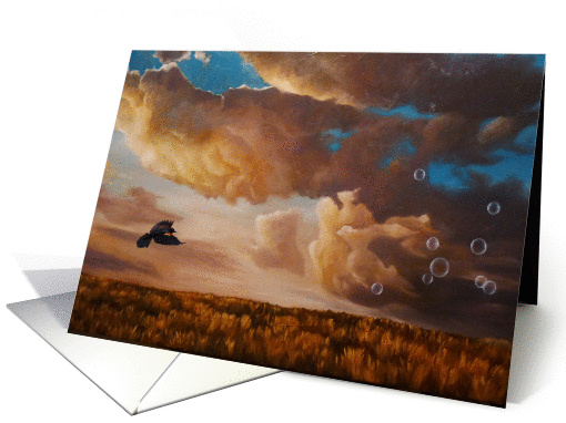Featherlight, blackbird, clouds and field painting by Adam Thomas card