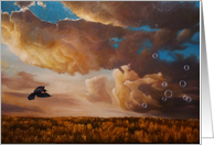 Featherlight, blackbird, clouds and field painting by Adam Thomas card