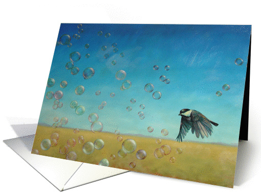 Flying Into Happiness. Bird with bubbles painting by Adam Thomas card