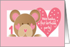 First Birthday Party Invitation for Girl with Bear and Hearts card