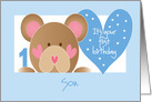 First Birthday for Son, Teddy Bear, Hearts and Hand Lettering card