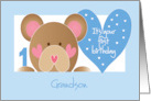 First Birthday for Grandson with Teddy Bear, Hearts & Hand Lettering card