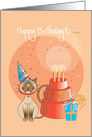 Happy Birthday To Pet Cat with Party Hat and Cat Dish Cake card