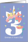 Unicorn Birthday for 3 Year Old Large Number Three and Unicorn Horn card