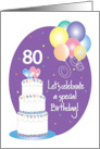 Hand Lettered 80th Birthday Party Invitation Cake, Hearts & Balloons card