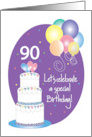 Hand Lettered 90th Birthday Party Invitation Cake, Hearts & Balloons card