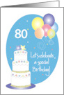 80th Birthday Party Invitation, with Cake with Stars and Balloons card