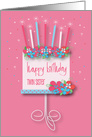 Hand Lettered Birthday for Twin Sister with Tiered Cake and Flowers card