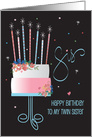 Hand Lettered Birthday to Twin Sister, Layered Floral Cake & Candles card