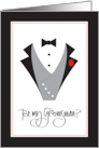 Hand Lettered Invitation for Groomsman Tuxedo Vest and Red Rose card