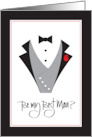 Hand Lettered Invitation Be My Best Man Vested Tuxedo with Red Rose card