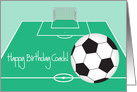Birthday for Soccer Coach with Soccer Ball, Field and Goal card