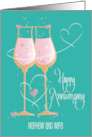 Anniversary for Nephew and Wife, Teal Champagne Glasses & Hearts card