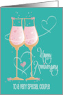 Wedding Anniversary Champagne Glasses for Special Couple and Hearts card