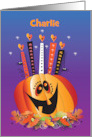 Halloween Birthday Jack O Lantern Cake with Candles and Custom Name card
