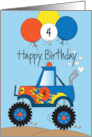 Hand Lettered Monster Truck Birthday for 4 Year Old Boy with Balloons card