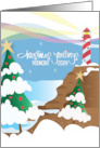 Christmas Greetings from Vermont 2024 Lighthouse and Snowy Trees card