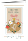 Hand Lettered Christmas Joy for Nurse with Golden Floral Ornament card