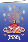 Hand Lettered Diwali Clay Diya with Magnolia Blossoms and Fireworks card