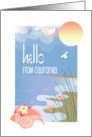 Hello from California with Conch Seashell Along Ocean Beach with Sun card
