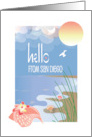 Hello from San Diego with Conch Seashell on Sandy Beach in Sun card